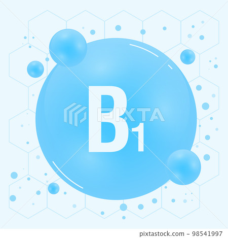 Vitamin B1 shining pill capcule icon. Vitamin complex with chemical formula, group B, thiamine. Shining substance drop. Meds for heath ads. Vector illustration 98541997