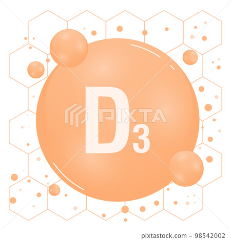 Vitamin D shining pill capcule icon. Vitamin complex with chemical formula, vitamin D3. Shining substance drop. Meds for heath ads. Vector illustration 98542002