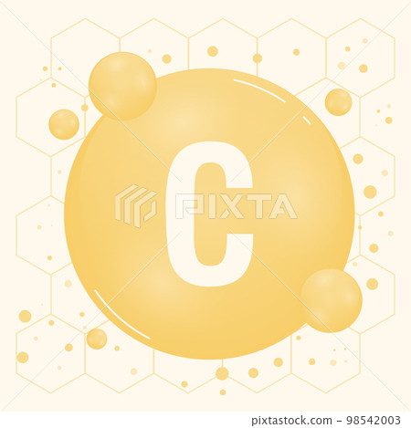 Vitamin C gold shining pill capcule icon. Vitamin complex with Chemical formula, ascorbic acid. Shining substance drop. Meds for heath ads. Vector illustration 98542003