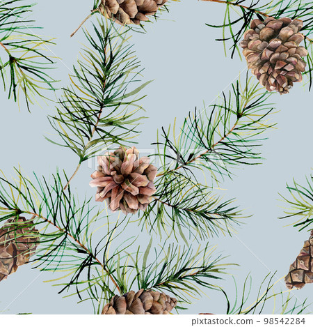 Watercolor pattern with fir cones and branches. Hand painted pine tree and pine cone isolated on blue background. Winter background. Holiday nature ornament for design, fabric, print. Watercolor pattern with fir cones and branches. Hand painted pine tree and pine cone isolated on blue background. Winter background. Holiday nature ornament for design, fabric, print. 98542284