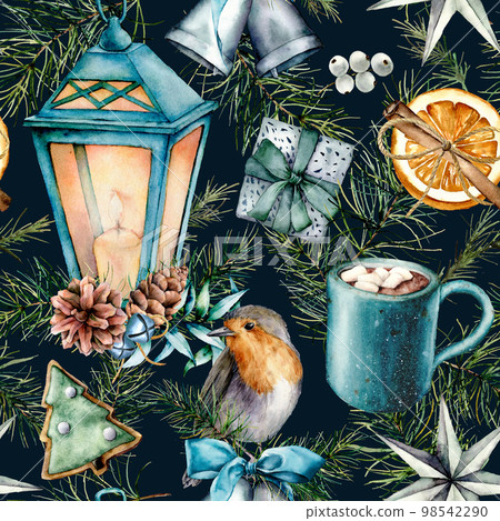 Watercolor scandinavian pattern of Christmas. Hand painted lantern, bells, robin, cookies, orange slice, cacao cup, cinnamon and pine branch isolated on blue background. Holiday ornament for design Watercolor scandinavian pattern of Christmas. Hand painted lantern, bells, robin, cookies, orange slice, cacao cup, cinnamon and pine branch isolated on blue background. Holiday ornament for design 98542290