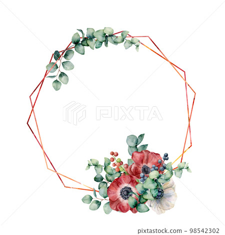 Watercolor hexagonal frame with anemone and eucalyptus bouquet. Hand drawn modern floral label with eucalyptus leaves and branches, anemone flowers isolated on white background. Greeting template Watercolor hexagonal frame with anemone and eucalyptus bouquet. Hand drawn modern floral label with eucalyptus leaves and branches, anemone flowers isolated on white background. Greeting template 98542302