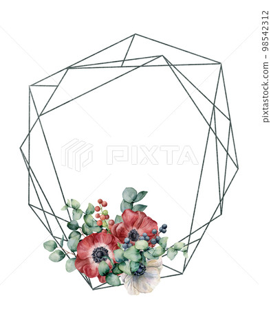 Watercolor polygonal frame with anemone bouquet. Hand drawn modern floral label with eucalyptus leaves and branches, red and white anemone isolated on white background. Greeting template for design. 98542312