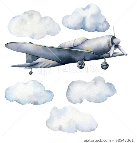 Watercolor set with clouds and airplane. Hand painted sky illustration with aircraft isolated on white background. For design, prints, fabric or background. Watercolor set with clouds and airplane. Hand painted sky illustration with aircraft isolated on white background. For design, prints, fabric or background. 98542361