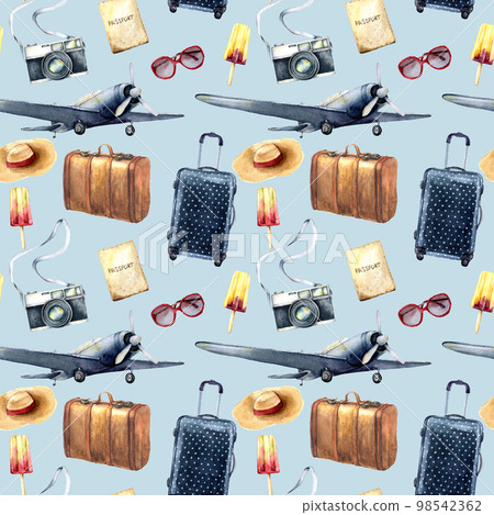 Watercolor travel seamless pattern. Hand painted tourist objects: plane, leather vintage suitcase, polka dot baggage, camera and sunglasses isolated on blue background. For design, print, background. Watercolor travel seamless pattern. Hand painted tourist objects: plane, leather vintage suitcase, polka dot baggage, camera and sunglasses isolated on blue background. For design, print, background. 98542362