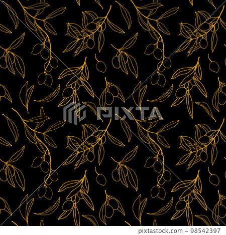 Watercolor pattern with golden sketch with olive leaves and branch. Hand painted floral seamless ornament. Illustration isolated on black background for design, print, fabric or background. Watercolor pattern with golden sketch with olive leaves and branch. Hand painted floral seamless ornament. Illustration isolated on black background for design, print, fabric or background. 98542397