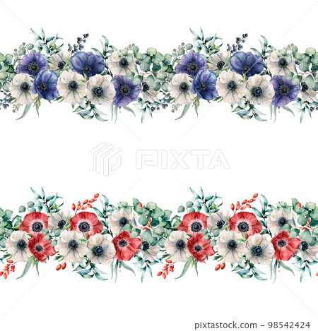 Watercolor seamless border with red, blue and white anemones. Hand painted flowers with eucalyptus leaves and branches, berries isolated on white background. Floral elegant illustration for design. 98542424