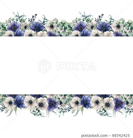 Watercolor seamless banner with blue and white anemones. Hand painted flowers with eucalyptus leaves and branches, berries isolated on white background. Floral elegant illustration for design, print Watercolor seamless banner with blue and white anemones. Hand painted flowers with eucalyptus leaves and branches, berries isolated on white background. Floral elegant illustration for design, print 98542425