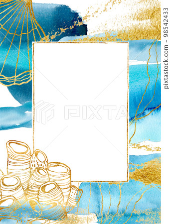 Watercolor blue card with underwater plant. Hand painted golden border, coral, shell and laminaria branch with leaves. Marine illustration for design, print, fabric or background. 98542433