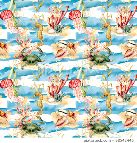 Watercolor underwater seamless pattern. Hand painted crab, jellyfish, seahorse and shell illustration isolated on blue background with stripes. Nautical illustration for design, print, background. Watercolor underwater seamless pattern. Hand painted crab, jellyfish, seahorse and shell illustration isolated on blue background with stripes. Nautical illustration for design, print, background. 98542446