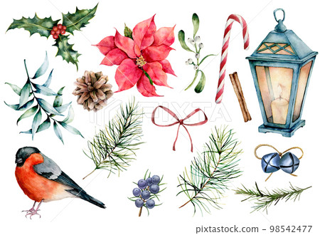 Watercolor Christmas symbols set. Hand painted winter plants, bullfinch bird, decor isolated on white background. Holiday floral and objects illustration for design, print, background 98542477