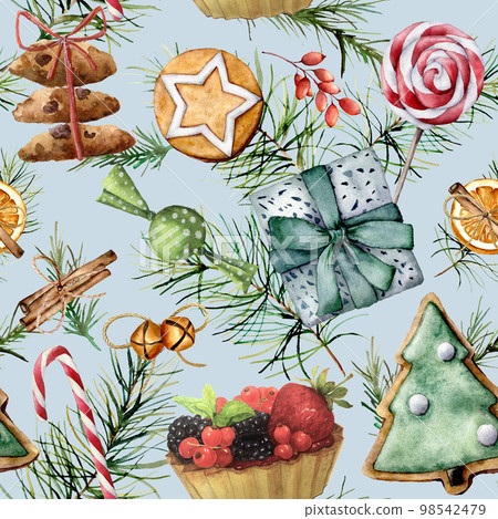 Watercolor Christmas seamless pattern with holiday pastry. Hand painted cookies, candies, cake with berries and fruits, candy cane, lollipop,  pine branch isolated on blue background. 98542479