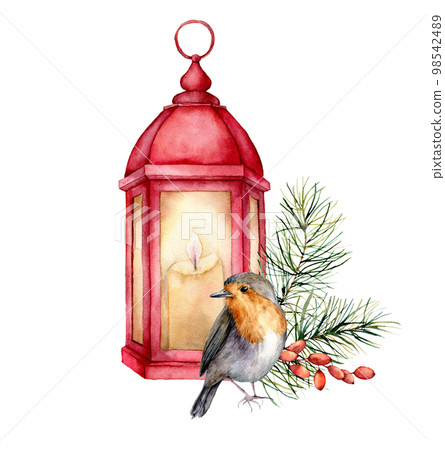 Watercolor card with robin, lantern and Christmas floral decor. Hand painted bird, traditional fir branch and berry isolated on white background. Holiday print for design, print or background. 98542489