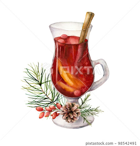 Watercolor Christmas mulled wine with fir branch and berries. Hand painted wine glass, pine cone and cinnamon isolated on white background. Winter illustration for design, print, fabric or background. Watercolor Christmas mulled wine with fir branch and berries. Hand painted wine glass, pine cone and cinnamon isolated on white background. Winter illustration for design, print, fabric or background. 98542491