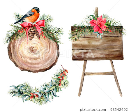 Watercolor Christmas label set with holiday decor. Hand drawn wood slice, tree board and winter plants decor isolated on white background. Vintage floral logo design collection 98542492
