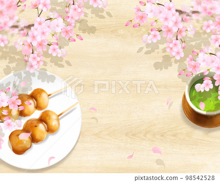 茶和御手洗團子的框架牆紙背景材料在有櫻花和美麗木紋的天然木甲板上 98542528