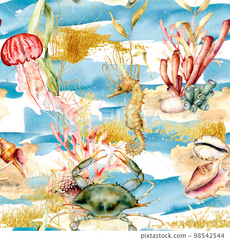 Watercolor seamless pattern with underwater animals and plants. Hand painted corals, jellyfish, seahorse, shell, crab isolated on blue background. Nautical illustration for design, print, background. 98542544