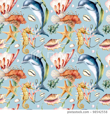 Watercolor seamless pattern with coral reef animals. Hand painted dolphin, lionfish, seahorse and anchor illustration isolated on blue background. Nautical illustration for design, print, background. Watercolor seamless pattern with coral reef animals. Hand painted dolphin, lionfish, seahorse and anchor illustration isolated on blue background. Nautical illustration for design, print, background. 98542558