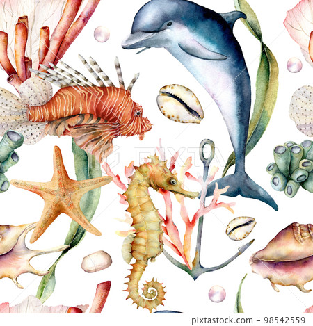 Watercolor seamless pattern with animals. Hand painted dolphin, lionfish, seahorse and anchor illustration isolated on white background. Nautical illustration for design, print and background. Watercolor seamless pattern with animals. Hand painted dolphin, lionfish, seahorse and anchor illustration isolated on white background. Nautical illustration for design, print and background. 98542559