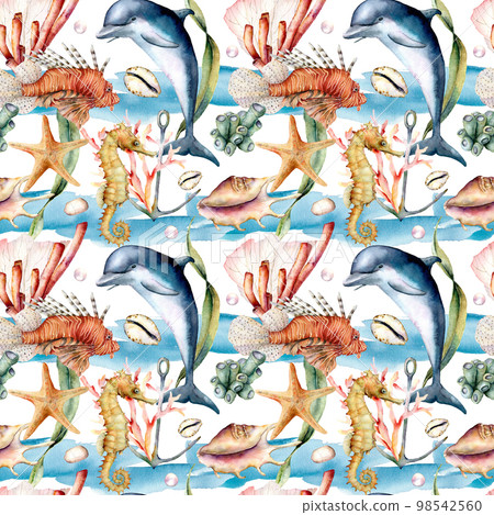 Watercolor seamless pattern with reef animals. Hand painted dolphin, lionfish, seahorse and anchor illustration isolated on white background. Nautical illustration for design, print and background. 98542560