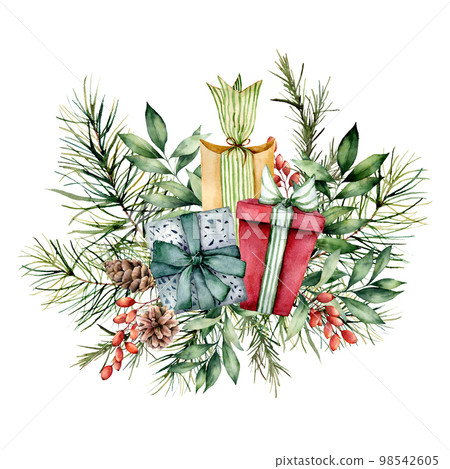 Watercolor Christmas card with gift boxes and floral decor. Hand painted berries, pine cones, fir and eucalyptus branches isolated on white background. Holiday print for design, print or background. Watercolor Christmas card with gift boxes and floral decor. Hand painted berries, pine cones, fir and eucalyptus branches isolated on white background. Holiday print for design, print or background. 98542605