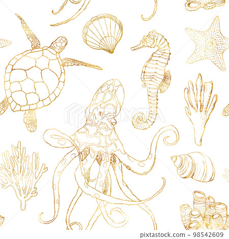Watercolor underwater seamless pattern. Hand painted golden octopus, turtle, seahorse, laminaria, shell and coral reef plants isolated on white background. Line art illustration for design, print. Watercolor underwater seamless pattern. Hand painted golden octopus, turtle, seahorse, laminaria, shell and coral reef plants isolated on white background. Line art illustration for design, print. 98542609