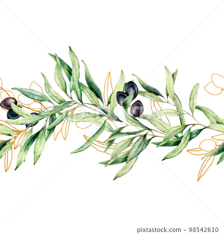 Watercolor and golden sketch seamless border with olive leaves and branch. Hand painted floral illustration isolated on white background. Botanical banner for design or print. Green plants. Watercolor and golden sketch seamless border with olive leaves and branch. Hand painted floral illustration isolated on white background. Botanical banner for design or print. Green plants. 98542610