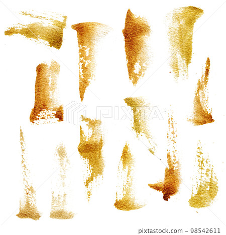 Watercolor gold brush strokes set. Hand painted beautiful illustration isolated on white background for design, print, fabric or background. Watercolor gold brush strokes set. Hand painted beautiful illustration isolated on white background for design, print, fabric or background. 98542611