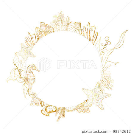 Watercolor underwater circle frame. Hand painted golden seahorse, laminaria, shells and coral reef plants isolated on white background. Line art illustration for design, print. Nautical template. Watercolor underwater circle frame. Hand painted golden seahorse, laminaria, shells and coral reef plants isolated on white background. Line art illustration for design, print. Nautical template. 98542612