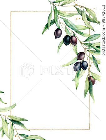 Watercolor card with olive tree branch and golden frame. Hand painted floral illustration isolated on white background. Botanical greeting template for design. Watercolor card with olive tree branch and golden frame. Hand painted floral illustration isolated on white background. Botanical greeting template for design. 98542613