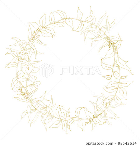 Watercolor golden eucalyptus wreath. Hand painted floral circle border with branches and leaves isolated on white background. For design, print and fabric. Watercolor golden eucalyptus wreath. Hand painted floral circle border with branches and leaves isolated on white background. For design, print and fabric. 98542614