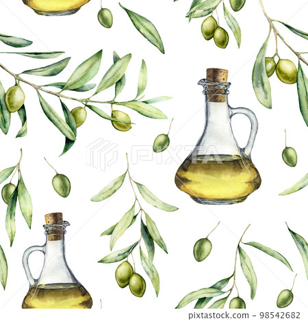 Watercolor pattern with green olives and olive oil. Hand painted olives leaves, branches and berries, olive oil in bottles isolated on white background. Food illustration for design, print. Watercolor pattern with green olives and olive oil. Hand painted olives leaves, branches and berries, olive oil in bottles isolated on white background. Food illustration for design, print. 98542682