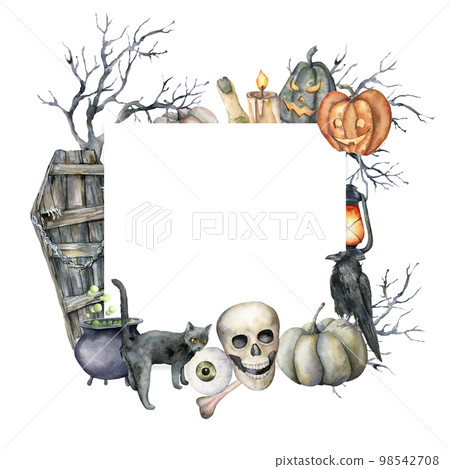 Watercolor card with halloween symbols. Hand painted holiday template with coffin, skull, crow, tree, lantern, eye and cat isolated on white background. Illustration for design, print or background. 98542708