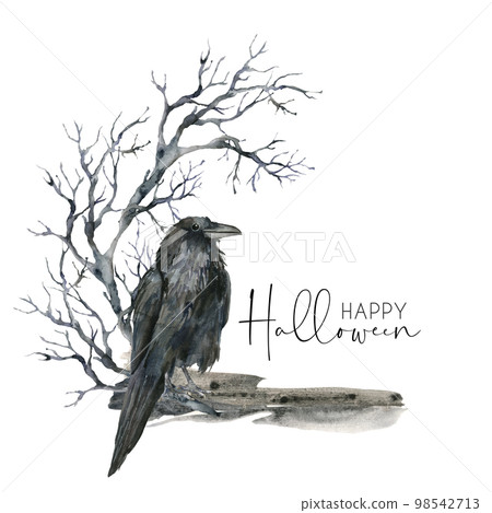 Watercolor halloween card with crow and tree branch. Hand painted holiday template with bird and black tree isolated on white background. Illustration for design, print or background. Watercolor halloween card with crow and tree branch. Hand painted holiday template with bird and black tree isolated on white background. Illustration for design, print or background. 98542713