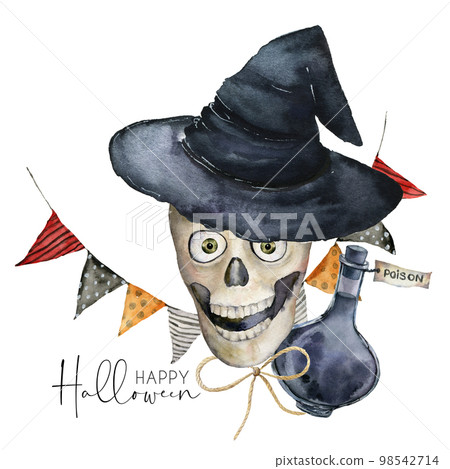 Watercolor halloween card with skull and flag garland. Hand painted holiday template with scull, hat and bottle of poison isolated on white background. Illustration for design, print or background. Watercolor halloween card with skull and flag garland. Hand painted holiday template with scull, hat and bottle of poison isolated on white background. Illustration for design, print or background. 98542714