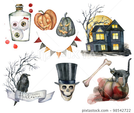 Watercolor halloween elements set. Hand painted holiday set with cat, pumpkin, house, tree, skull, garland, crow and eye isolated on white background. Illustration for design, print or background. 98542722