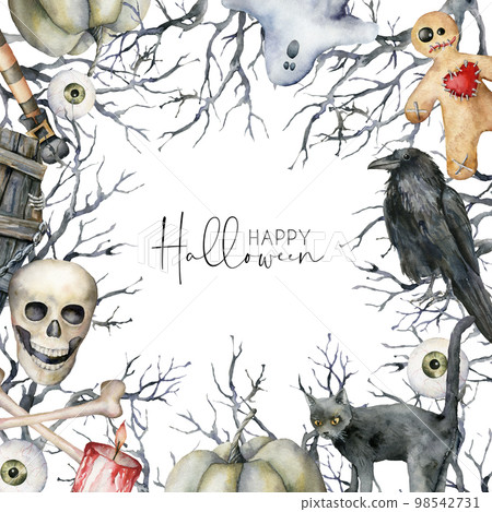 Watercolor Happy halloween card with symbols. Hand painted holiday template with coffin, skull, crow, tree, ghost and cat isolated on white background. Illustration for design, print or background. 98542731