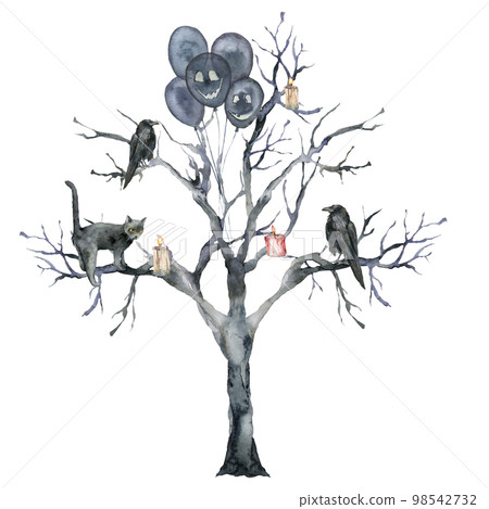 Watercolor halloween card with tree, cat and crow. Hand painted holiday template with candle, air balloon and wood isolated on white background. Illustration for design, print or background. Watercolor halloween card with tree, cat and crow. Hand painted holiday template with candle, air balloon and wood isolated on white background. Illustration for design, print or background. 98542732
