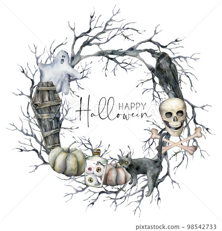 Watercolor halloween wreath with crow, ghost and pumpkin. Hand painted holiday template card with branch, cat and coffin isolated on white background. Illustration for design, print or background. 98542733