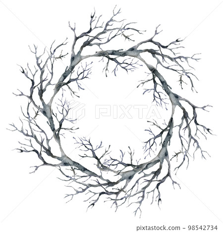 Watercolor halloween black wreath. Hand painted holiday template with tree branch isolated on white background. Illustration for design, print or background. Watercolor halloween black wreath. Hand painted holiday template with tree branch isolated on white background. Illustration for design, print or background. 98542734