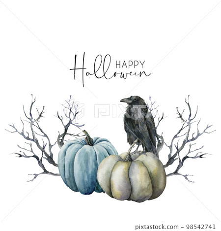 Watercolor halloween card with crow and pumpkins. Hand painted holiday template with gourds and black tree isolated on white background. Illustration for design, print or background. 98542741