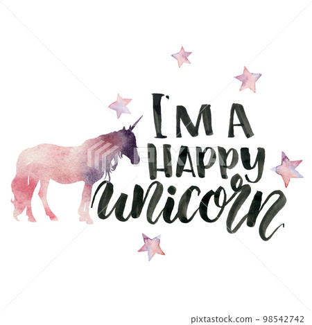 Watercolor I'm a happy unicorn card with unicorn silhouette. Hand painted unicorn, stars, lettering isolated on white background. Magic concept print for design 98542742