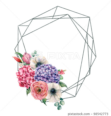 Watercolor polygonal frame with anemone, tulip and hydrangea. Hand drawn label with hydrangea, anemone, tulip, leaves and branches isolated on white background. Greeting template for design, print. Watercolor polygonal frame with anemone, tulip and hydrangea. Hand drawn label with hydrangea, anemone, tulip, leaves and branches isolated on white background. Greeting template for design, print. 98542773