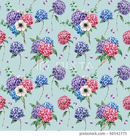 Watercolor seamless pattern with anemone and hydrangea. Hand drawn hydrangea, anemone, eucalyptus leaves and branches isolated on pastel blue background. For design, print or fabric. 98542775