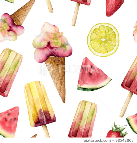 Watercolor seamless pattern with ice cream and fruits. Hand painted illustration watermelon, lemon and strawberry isolated on white background. Food illustration for design, print, fabric, background. Watercolor seamless pattern with ice cream and fruits. Hand painted illustration watermelon, lemon and strawberry isolated on white background. Food illustration for design, print, fabric, background. 98542803