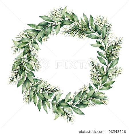 Watercolor winter wreath with eucalyptus and fir branch. Hand painted eucalyptus leaves and pine needle isolated on white background. Holiday floral illustration for design, print or background. 98542828