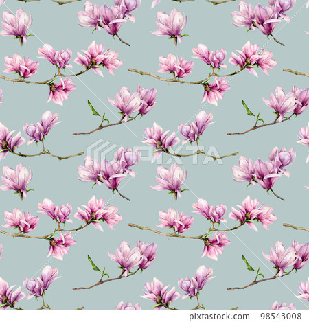 Watercolor magnolia flowers seamless pattern. Hand painted flowers and green leaves on branch isolated on pastel blue background. Floral illustration for design, print, fabric or background. 98543008