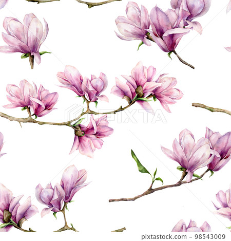 Watercolor magnolia and leaves seamless pattern. Hand painted flowers and green leaves on branch isolated on white background. Floral illustration for design, print, fabric or background. 98543009