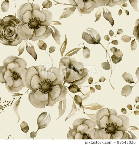 Watercolor monochrome anemone and tulip seamless pattern. Hand painted sepia flowers and berries with eucalyptus leaves and branch isolated on vintage background for design, print or fabric. 98543026