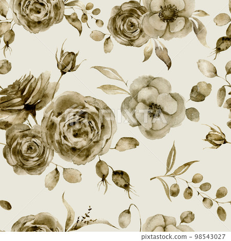 Watercolor monochrome anemone and rose seamless pattern. Hand painted sepia flowers and berries with eucalyptus leaves and branch isolated on vintage background for design, print or fabric. Watercolor monochrome anemone and rose seamless pattern. Hand painted sepia flowers and berries with eucalyptus leaves and branch isolated on vintage background for design, print or fabric. 98543027